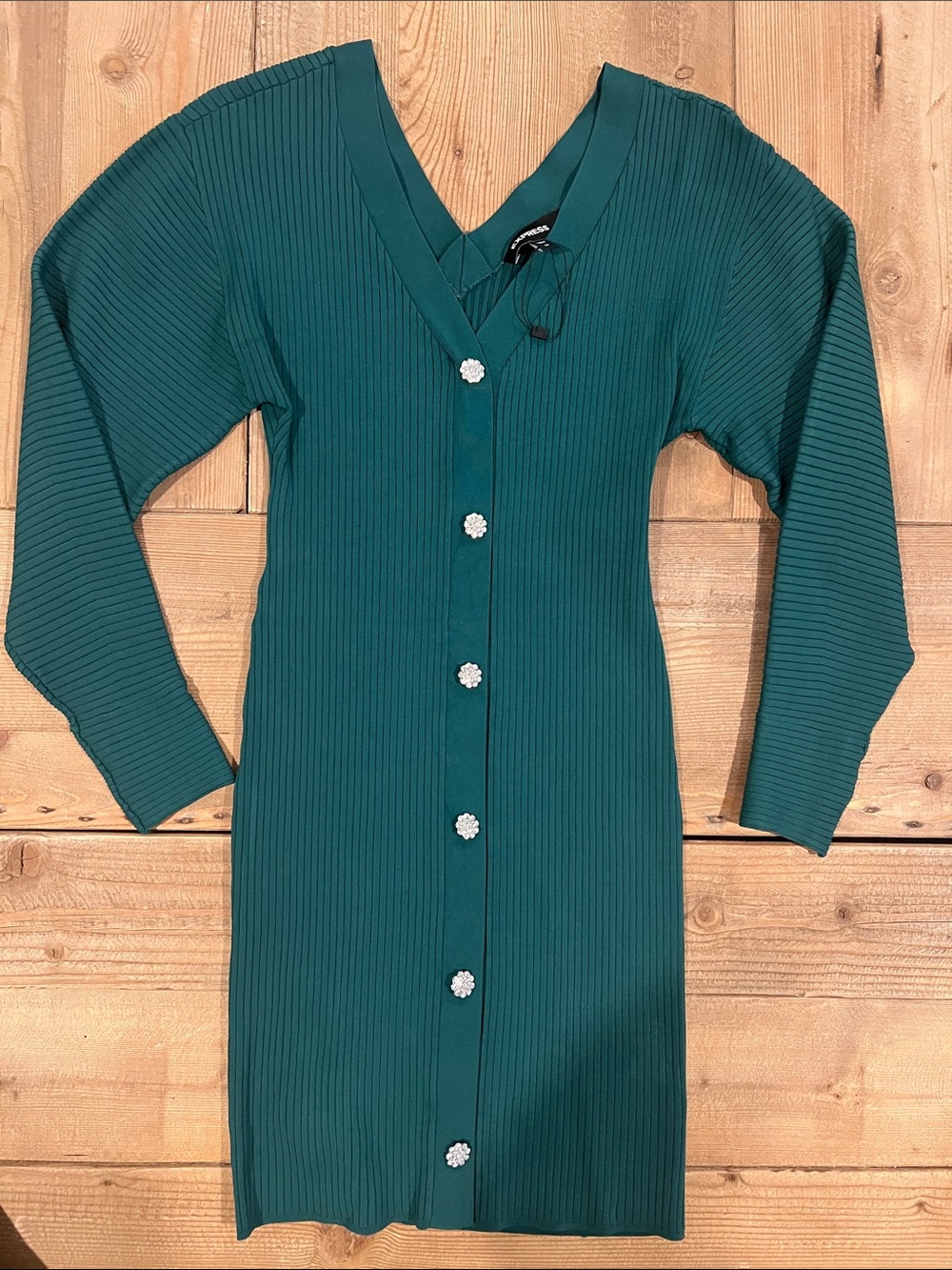 Express Teal Ribbed V-Neck Button-Front Long Sleeve Dress